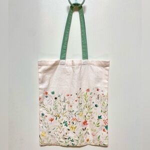 Watercolor Floral Canvas Tote Bag with Green Handles